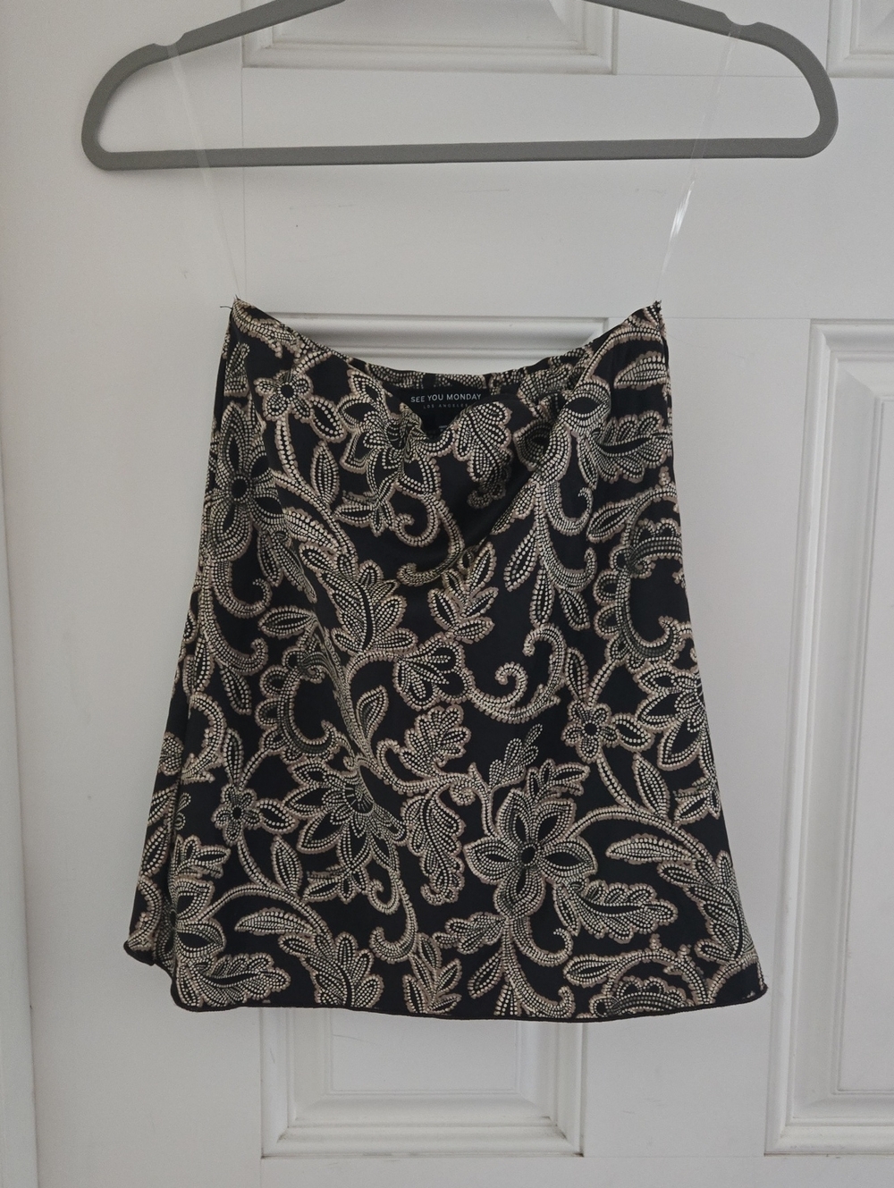 See You Monday Black A-Line Skirt with Cream Floral Lace Motif